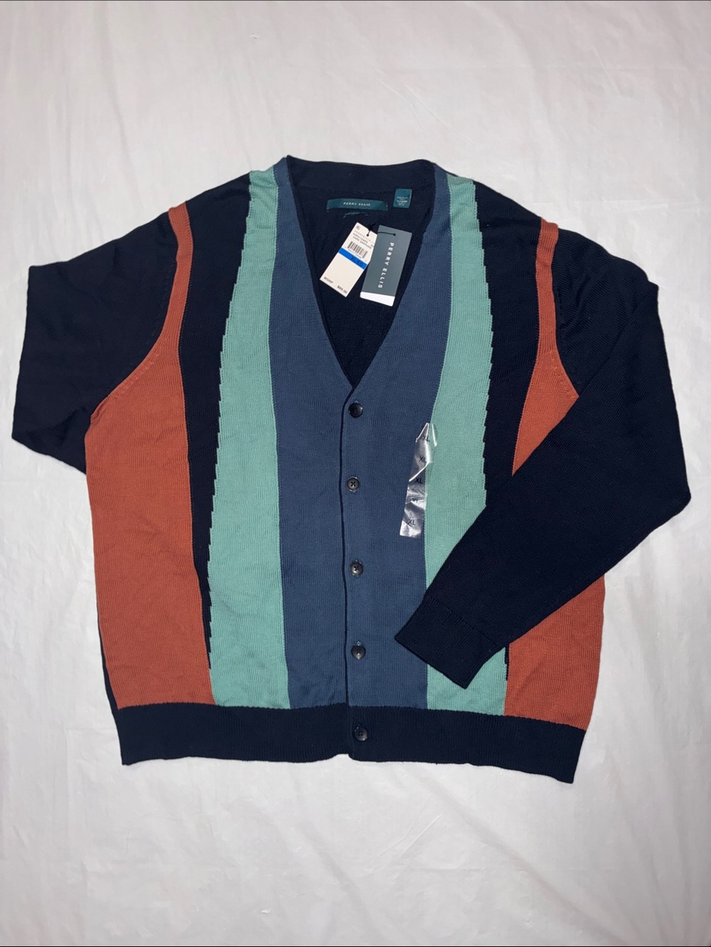 Perry Ellis Colorblock V-Neck Cardigan - Navy, Teal & Rust